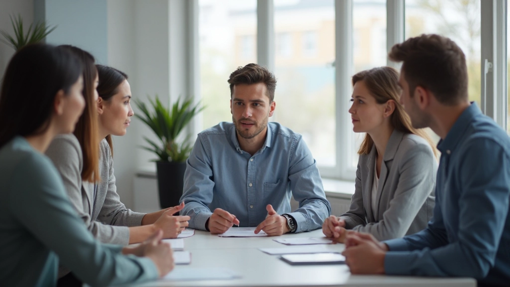 Группа взрослых профессионалов участвует в интерактивном семинаре, обмениваясь опытом и идеями