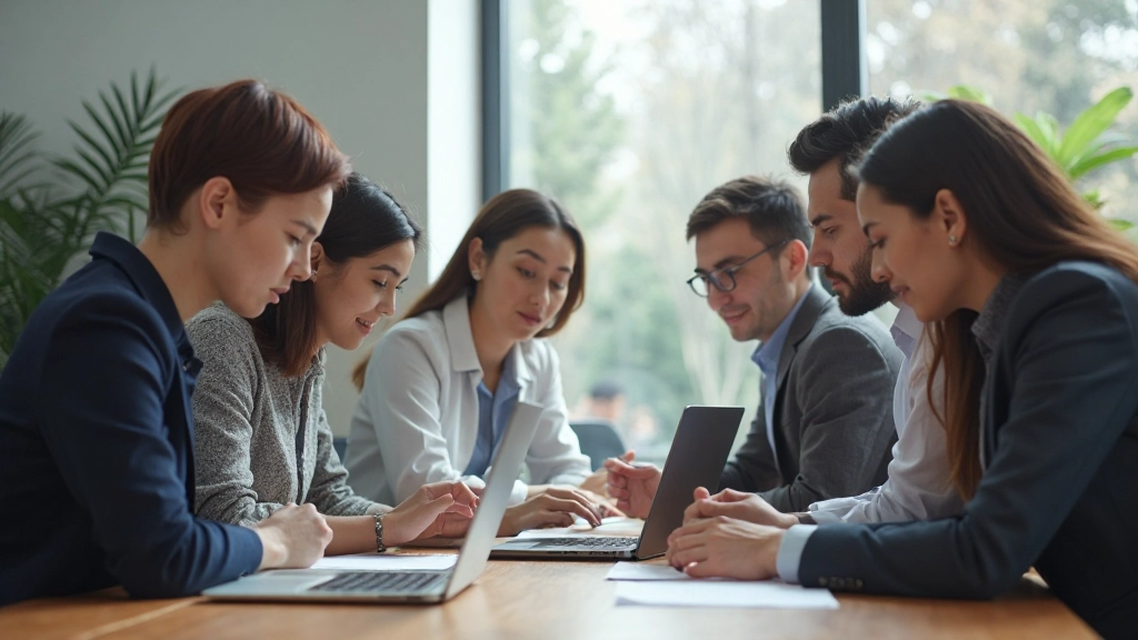 Команда профессионалов, совместно обсуждающих проектные планы за столом в офисе, с документами и ноутбуками