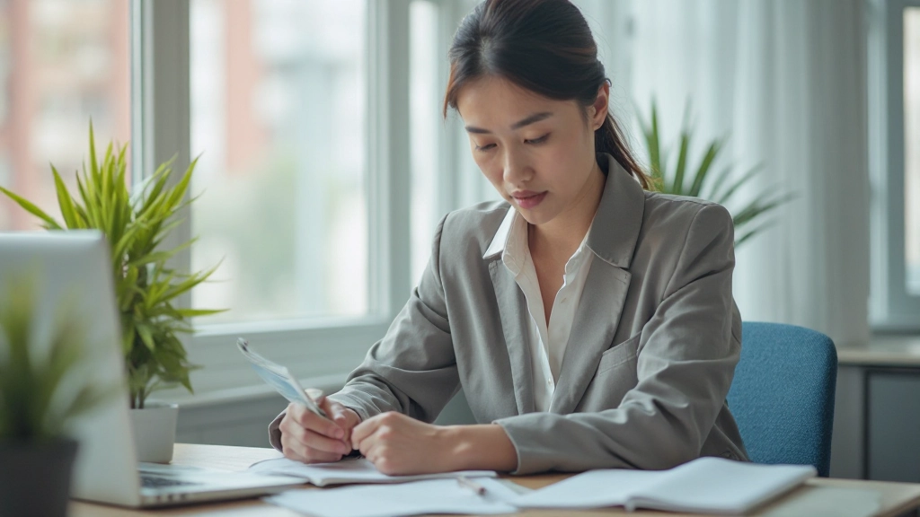 Профессиональное фото инструктора, работающего с материалами на столе в светлом офисе с естественным освещением