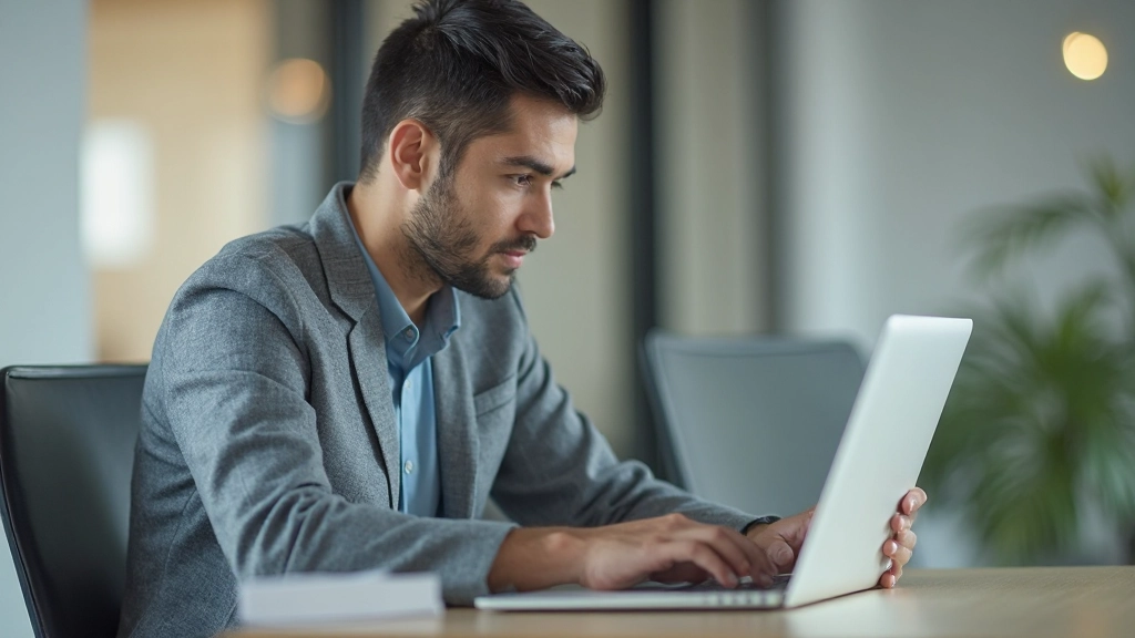 Молодой человек работает над своими целями, ведет планы развития в ноутбуке за современным столом