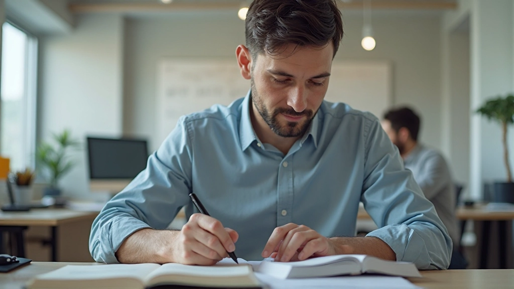 Человек читает книгу и делает заметки за письменным столом в современном офисе