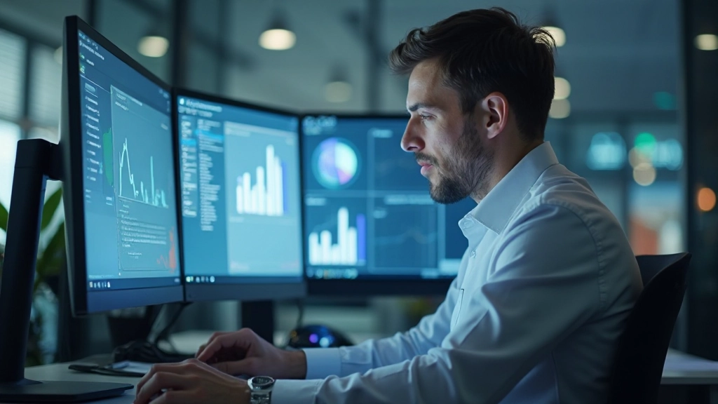 Аналитик изучает графики и диаграммы на мониторе компьютера, держа документы с анализом