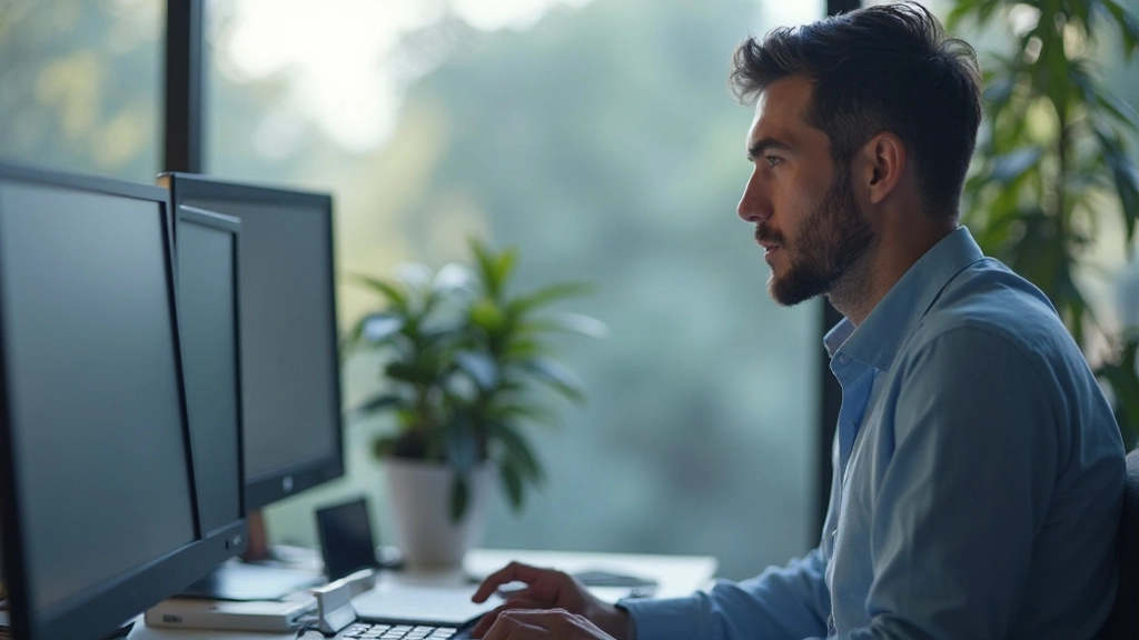 Профессиональный человек работает с несколькими экранами и цифровыми инструментами в современном офисе