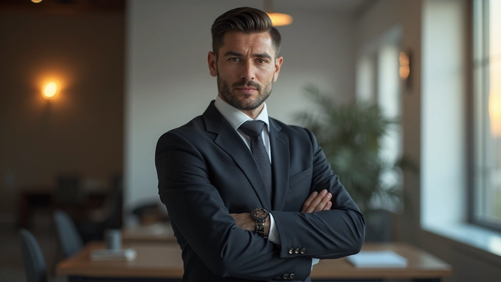 Профессиональное фото инструктора по бизнесу в деловом костюме, стоящего с уверенной позой в офисе