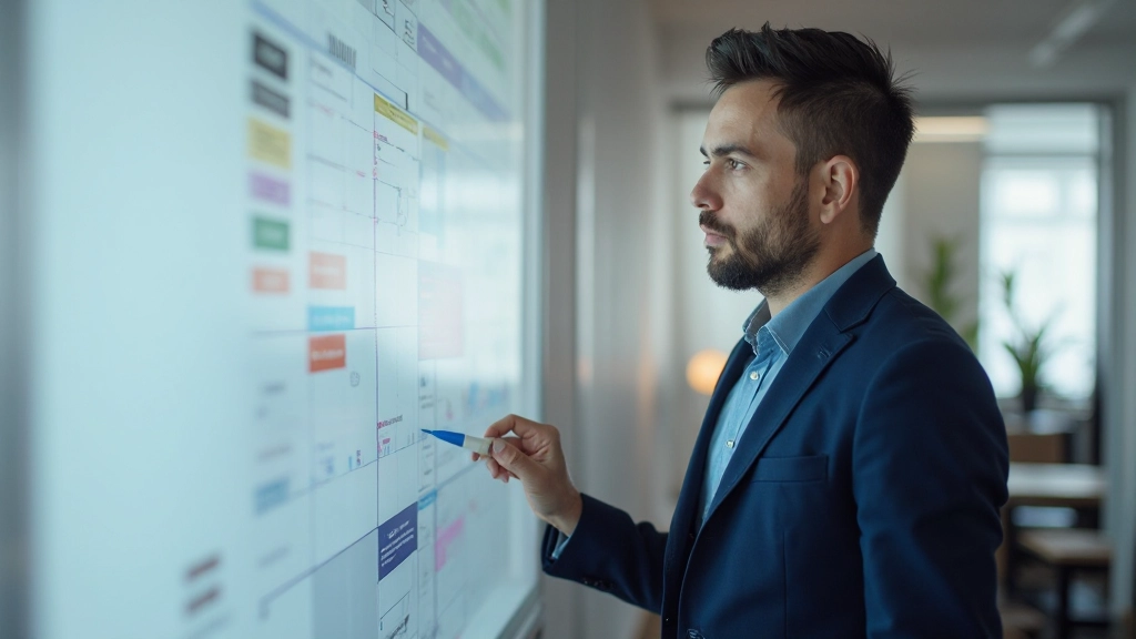 Руководитель проекта, анализирующий диаграмму управления временем и ресурсами на встрече с членами команды