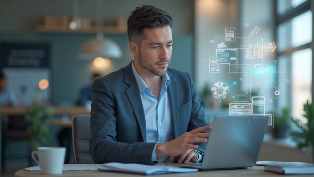 Человек взаимодействует с современными цифровыми устройствами и интерфейсами в технологичном пространстве