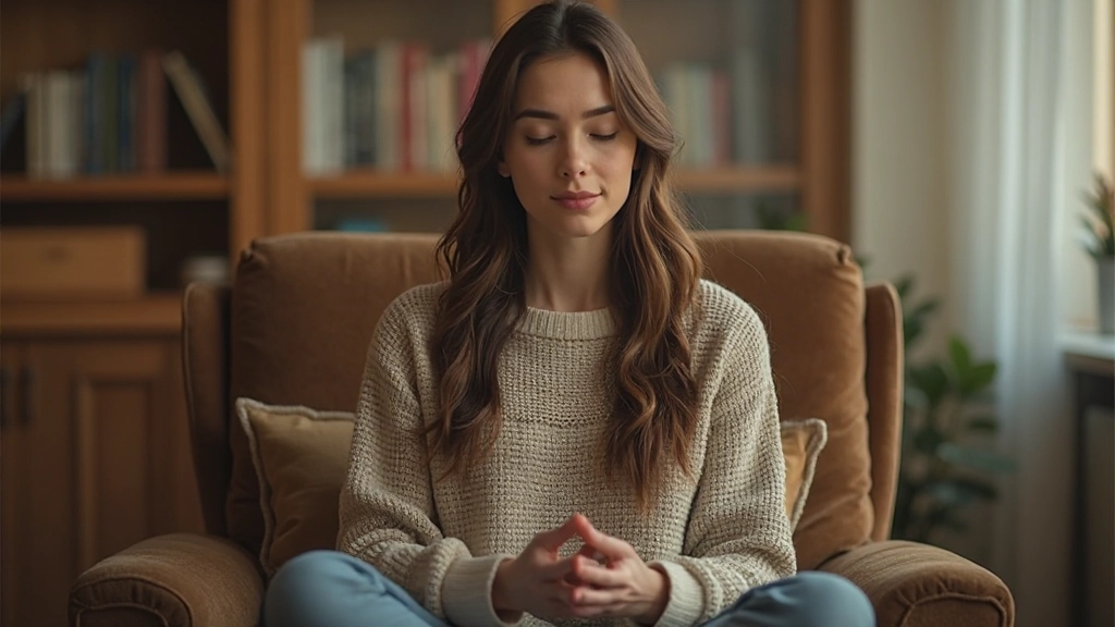 Женщина занимается медитацией и самоанализом в спокойной обстановке, сидя в удобном кресле