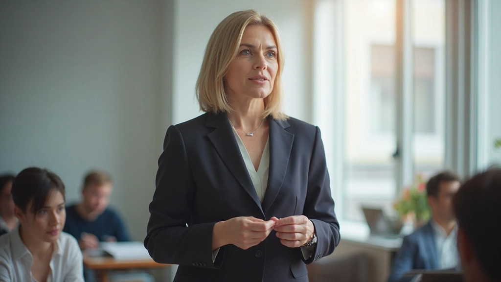 Преподаватель проводит интерактивное занятие со взрослыми студентами в классе